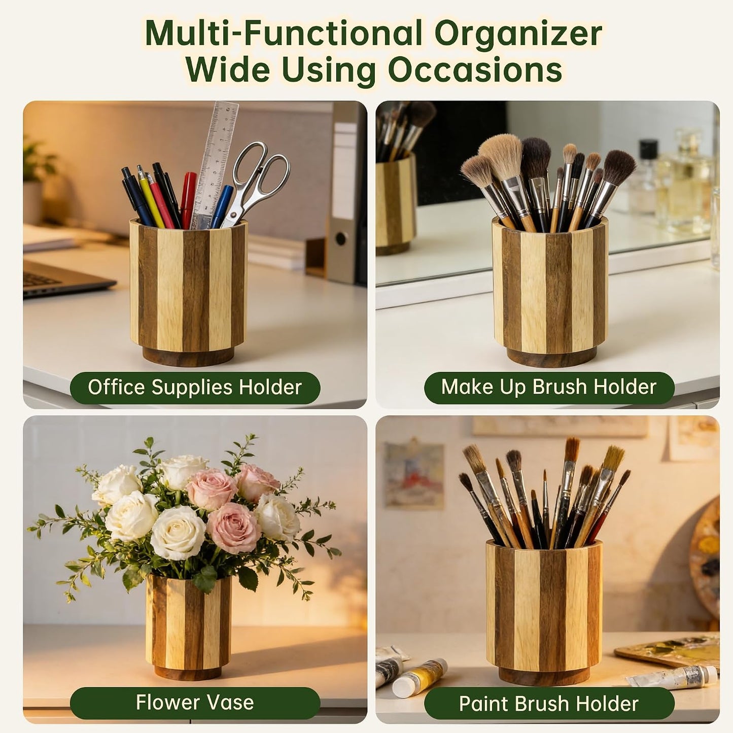 Wooden Utensil Holder, 360°Rotating Checkered Kitchen Utensil Holder | 7.2" Acacia Wood Utensil Holder for Countertop, Non-Slip Feet, Cooking Spatula Holder, Checkered Kitchen Decor, Gift Box