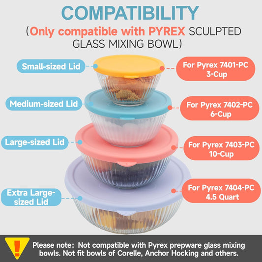 4 Pack Silicone Replacement Lids for Pyrex Mixing Bowls - 3, 6, 10 Cup & 4.5 Qt Sculpted Glass & Tinted Glass Bowls