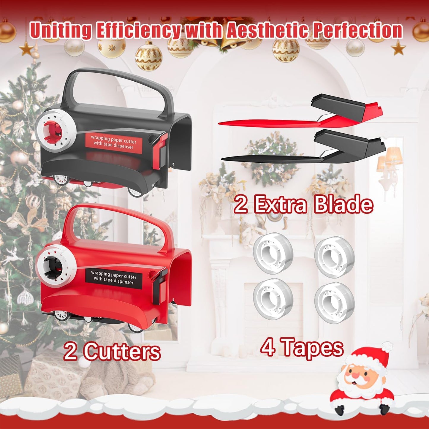 2-Pack Wrapping Paper Cutter & Tape Dispenser | Make Cutting Easily Safely and Efficient, Straight Sliding Tool for Christmas Gift, with 4 Tapes, 2 Replace Blades Kit, Black and Red