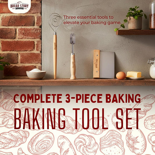 Danish Dough Whisk Set – Wooden Scraper & Lame Scoring Tool | Sourdough Whisk & Mixing Tool Kit | Bread Utensils for Homemade Bread, Pizza, Pastry | Stainless Steel & Wood