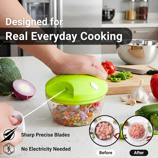 Manual Food Chopper with Hand Pull Rope Design, Stainless Steel Blade (GREEN)