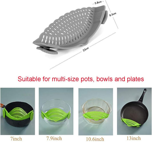 Snap Strainer Clip-on for Pots Pans, Clip on Pot Strainer | Hands-free, Heat Resistant Silicone, Pour Spout for Pasta Vegetable Noodles, Colander and Sieve, Snaps On Pots Bowls Pans