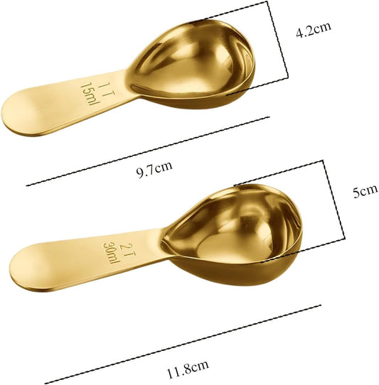 2 Pack Stainless Steel Coffee Scoops, 15ML & 30ML, Gold | Ergonomic Design Compact Short Handle Scooper, 1/2Tbsp Measuring Scoop for Coffee, Tea, Sugar, Protein Powder and Baking