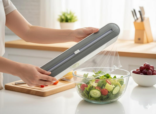 Plastic Wrap Dispenser with Cutter, Gray White ABS Material, Wall Mount or Countertop, 393mm x 63mm x 85mm, Universal Size Compatible with Plastic Wrap, Parchment Paper, Aluminum Foil
