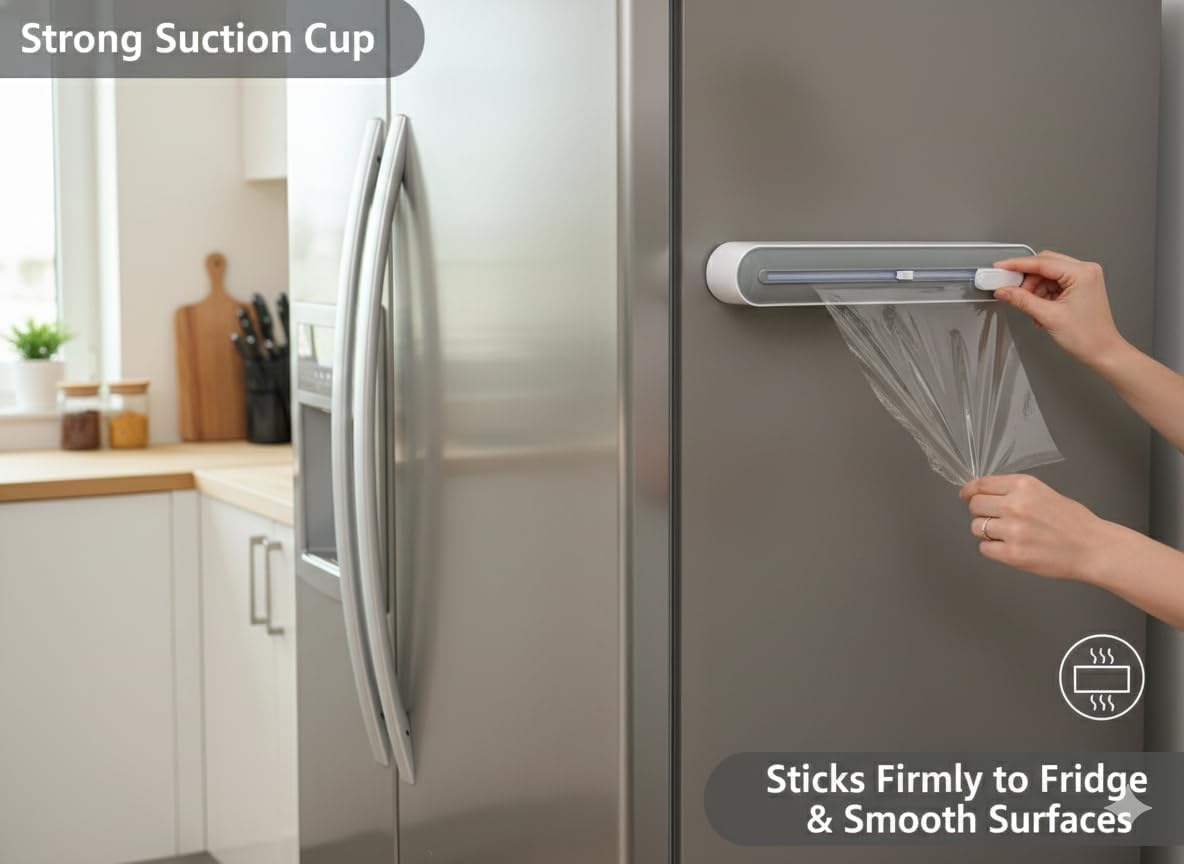 Plastic Wrap Dispenser with Cutter, Gray White ABS Material, Wall Mount or Countertop, 393mm x 63mm x 85mm, Universal Size Compatible with Plastic Wrap, Parchment Paper, Aluminum Foil