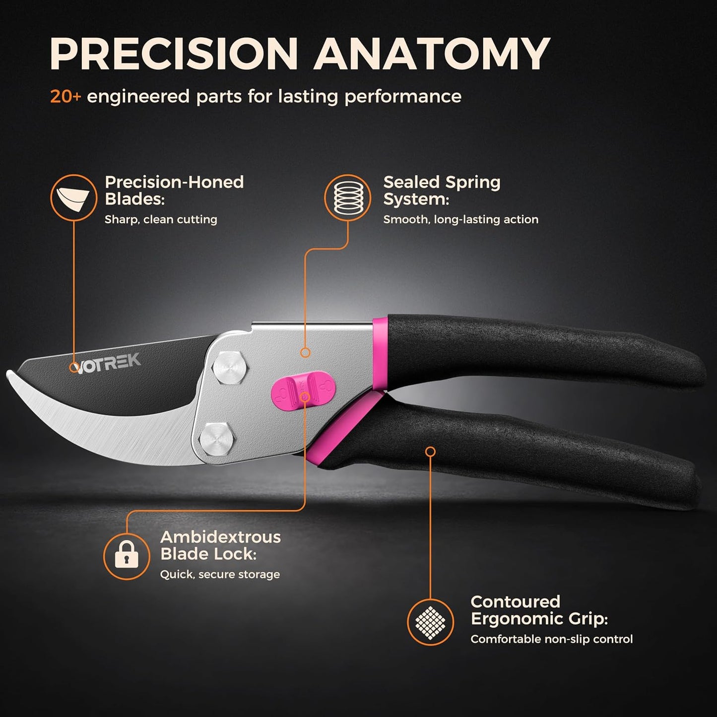 VOTREK® 8.5" Bypass Pruning Shears, Jam-Proof Spring Clippers for branches | Sharp & Anti-Rust SK5 Blade, Ergonomic Non-Slip Grip for Weak Hands, Garden Pruner for Rose, Bonsai, Heavy Duty Tree Trimming
