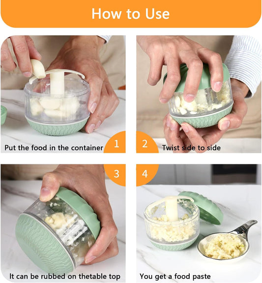 Portable Hand-Powered Garlic Mincer, Mini Manual Food Chopper for Small Kitchen, Multi-Use Onion Cutter for Garlic, Vegetables Ingredients, Ginger, Fruits, Set with Peeler (2 Pieces)