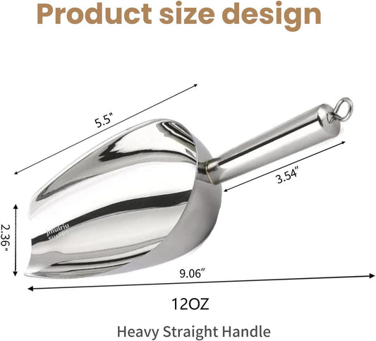 12 Oz 304 Stainless Steel Ice Scoop with Magnetic Hook - Heavy Duty Commercial Ice Shovel for Ice Maker & Freezer, Large Scooper for Bar, Kitchen, Party & Pet Food, Easy to Clean (Silver)