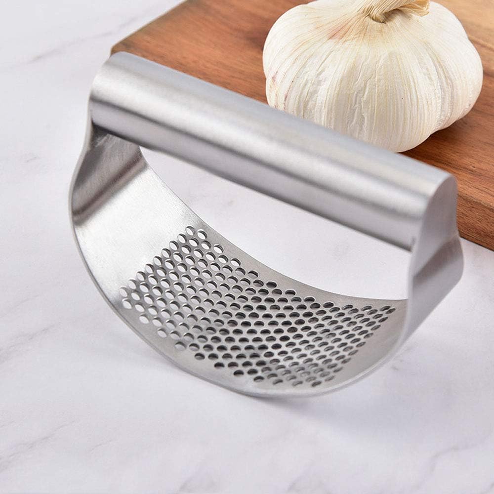 Garlic Press Rocker Stainless Steel, Fruit Crusher with Comfortable Handle Porous Surface, Easy Use & Clean, Vegetable Squeezer Kitchen Tool