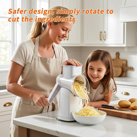 Rotary Cheese Grater, Cheese Shredder Hand Crank, Easy Clean | Suitable for clean, smooth, flat countertops and pre-cut cheese or soft vegetables, with 3 Blade Types and white body