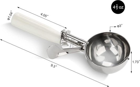 34745 Commercial-Grade Thumb Press Food Disher/Ice Cream Scoop, 18/8 Stainless Steel, 4.67 oz, Size 6, White