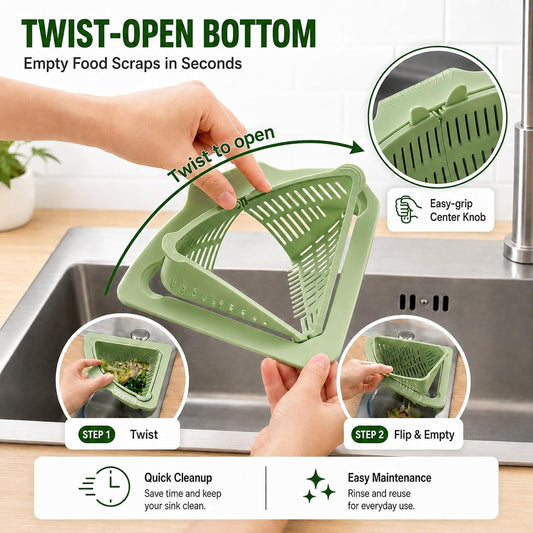 Limited Edition 2026 Magnetic Drainage & Filter Basket, Firm Magnetic Hold | Triangular Corner Sink Strainer, Twist-Open Bottom, Self-Adhesive Metal Plate for Nonmetal Sinks, Food Scrap Catcher