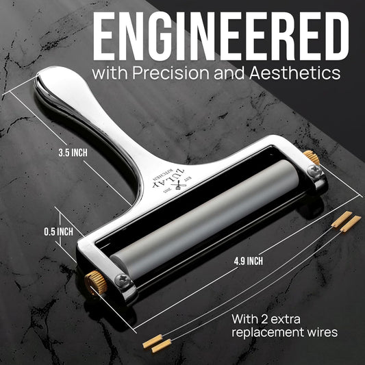 Stainless Steel Wire Cheese Slicer - Adjustable Hand Held Cheese Cutter with 2 Extra Wires - Premium Cheese Knife for Mozzarella, Cheddar, Gruyere - Cheese Cutter with Wire (Silver)