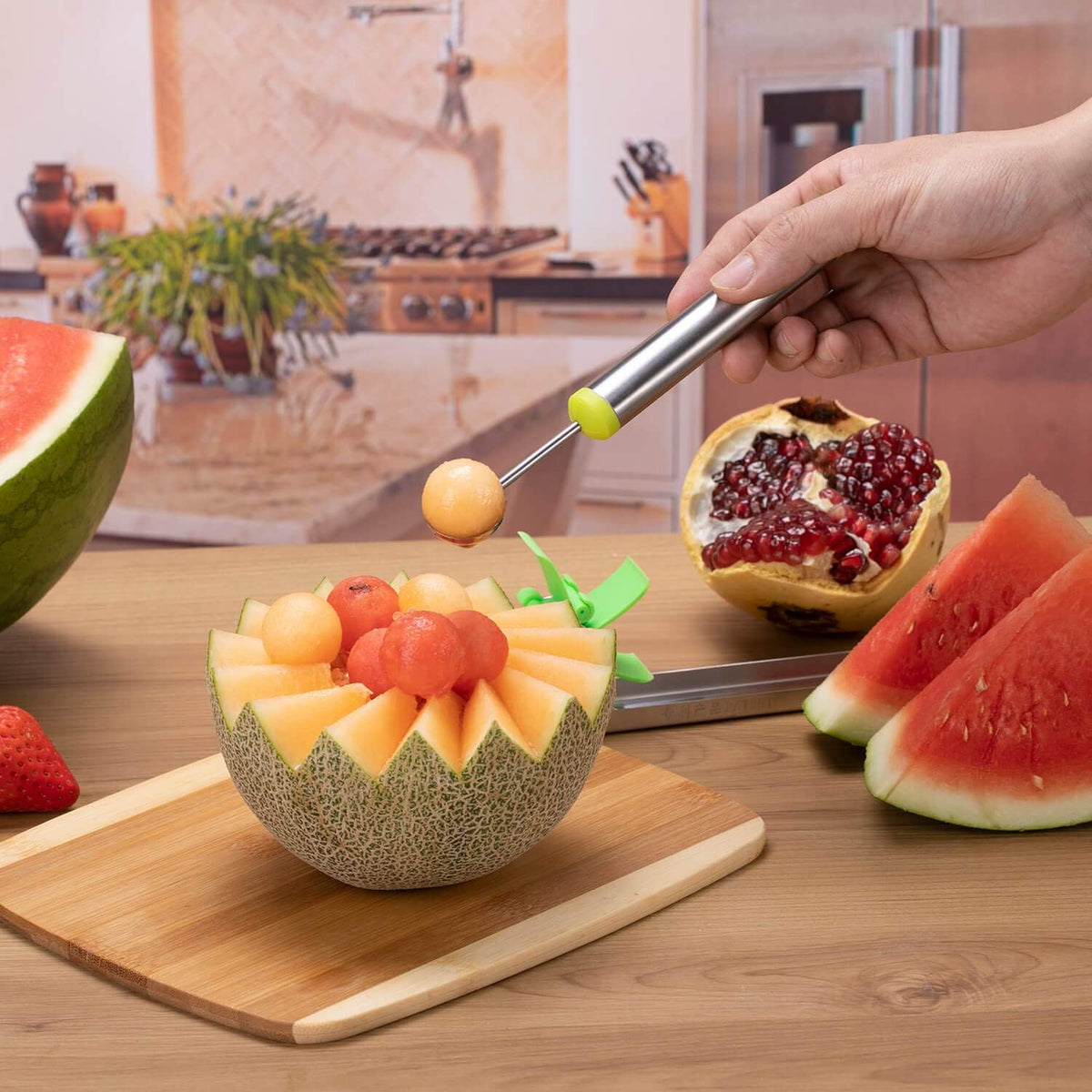 Watermelon Windmill Cutter Slicer, Stainless Steel Shape Fruit Tools Quickly Cut Tool Kitchen Gadgets with Melon Scoop