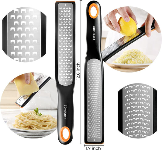 Etched Zester & Grater Set of 2 - Kitchen Zester Tool for Lemon, Cheese, Garlic, Ginger, Nutmeg, Chocolate, Fruits, Vegetables - Sharp Premium Stainless Steel Blade with Protective Cover
