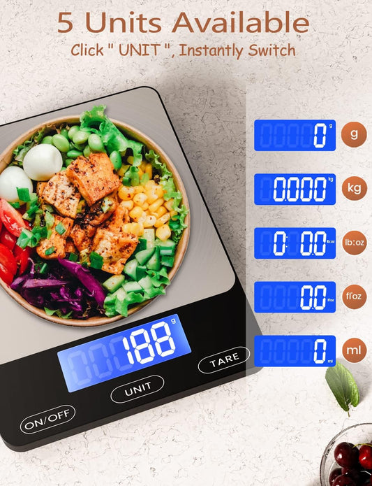 Food Scale -33lb Digital Kitchen Scale for Food Ounces Grams Rechargeable | 304 Stainless Steel,Batteries and Type-C Charging | Perfect for Meal Prep, Cooking, and Baking, Black