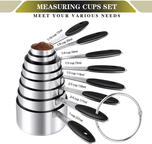 Measuring Cups & Spoons Set of 16, Stainless Steel 8 Nesting Measure Cups Set & 7 double-sided Magnetic Measuring Spoons Set & 1 Leveler for Dry and Liquid Ingredient
