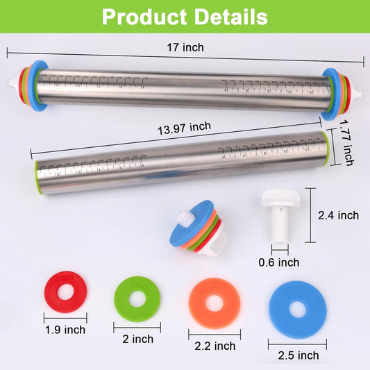 Adjustable Rolling Pin with Thickness Rings for Baking, Stainless Steel Designs Dough Roller Pins for Cookie Decorating Baking Supplies Fondant Cake Baker