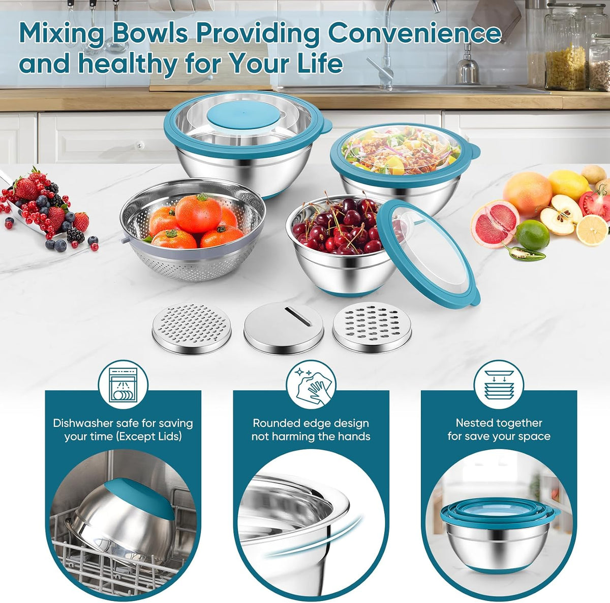 Mixing Bowls with Lids, Metal Mixing Bowl with Colander, Khaki