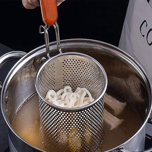 Micro-Perforated Stainless Steel Pasta Basket Mesh Spider Food Dumpling Noodle Strainer,Fine Mesh Skimmer Kitchen Fine Sieve Mesh Strainer with Wooden Handle (Strainer, 12cm)