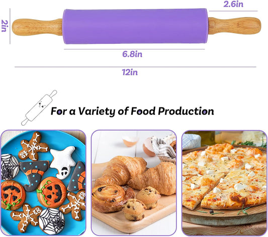 Rolling Pin for Baking, 12 Inch Non-Stick Silicone Surface, Wooden Handle Rolling Pin for Baking Pies, Pastry, Cookies, Kitchen Essential