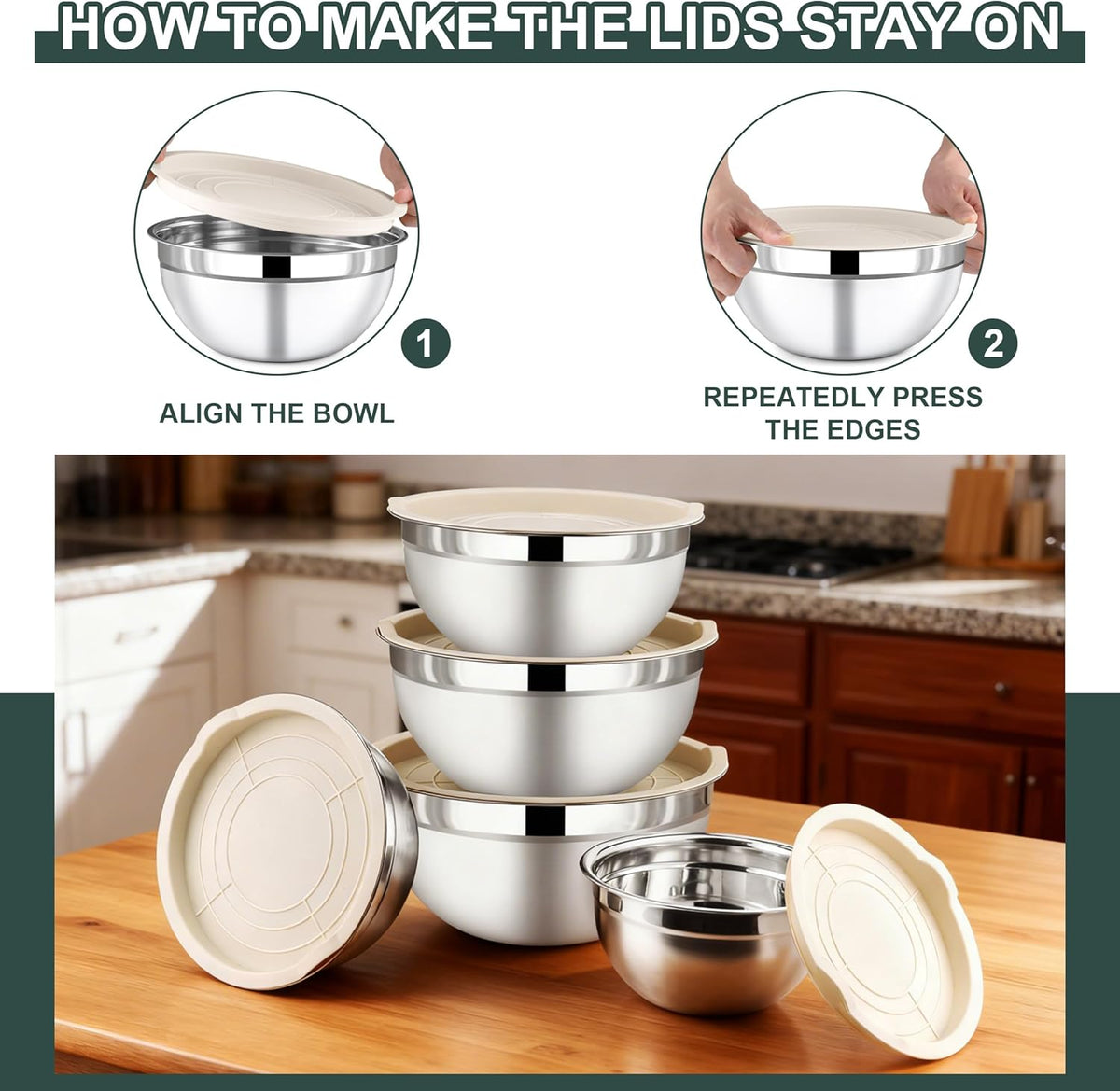 7 Piece Stainless Steel Mixing Bowls with Lids Set - Khaki Nesting Metal Mixing Bowls for Kitchen, Sizes 4.5, 4, 3.5, 2.1, 1.5, 1.1, 0.7 Qt for Baking, Cooking and Serving, Dishwasher Safe