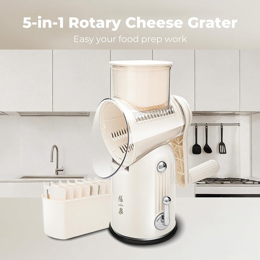 5 in 1 Rotary Cheese Grater, Beige Hand Crank Vegetable Cutter with 5 Stainless Steel Interchangeable Blades, Mandoline Slicer for Potatoes Onions Veggies Nuts