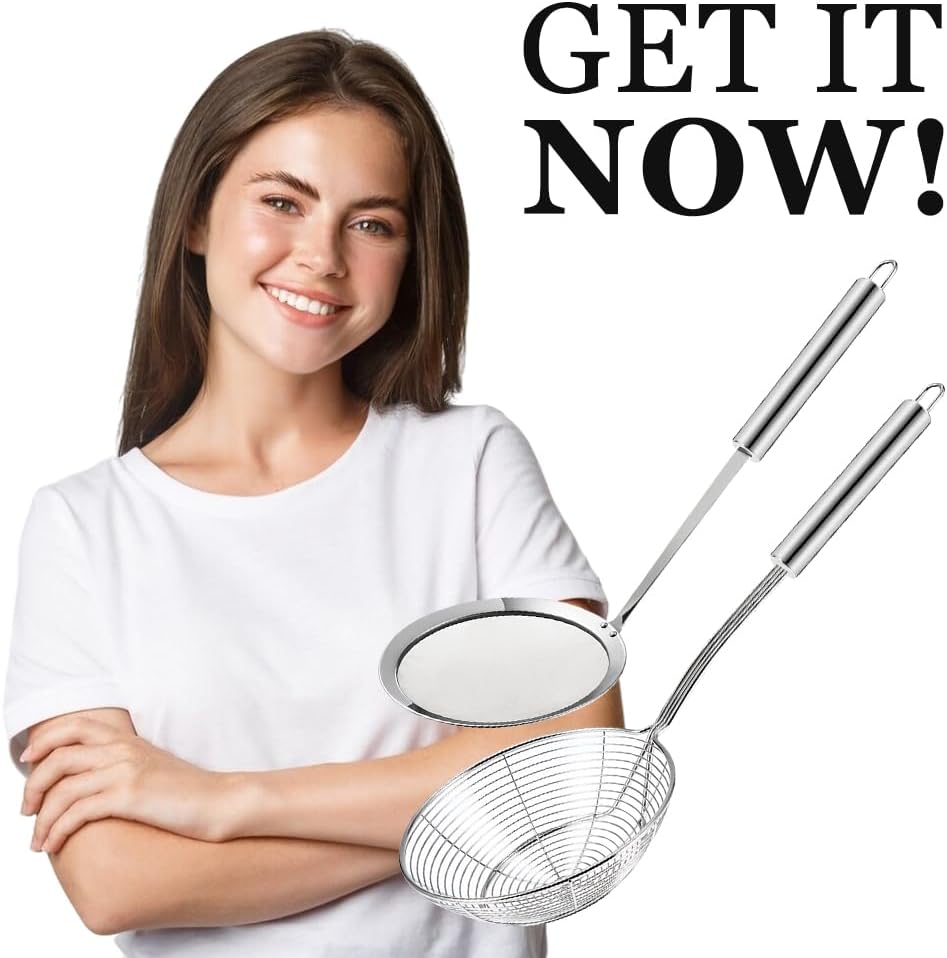 Set of 5.5 Inch Stainless Steel Asian Spider Strainer and 4 Inch Fine Mesh Skimmer Wire Scoop Food Fryer Spoon to Drain Pasta Deep Fry Skimmer Oil
