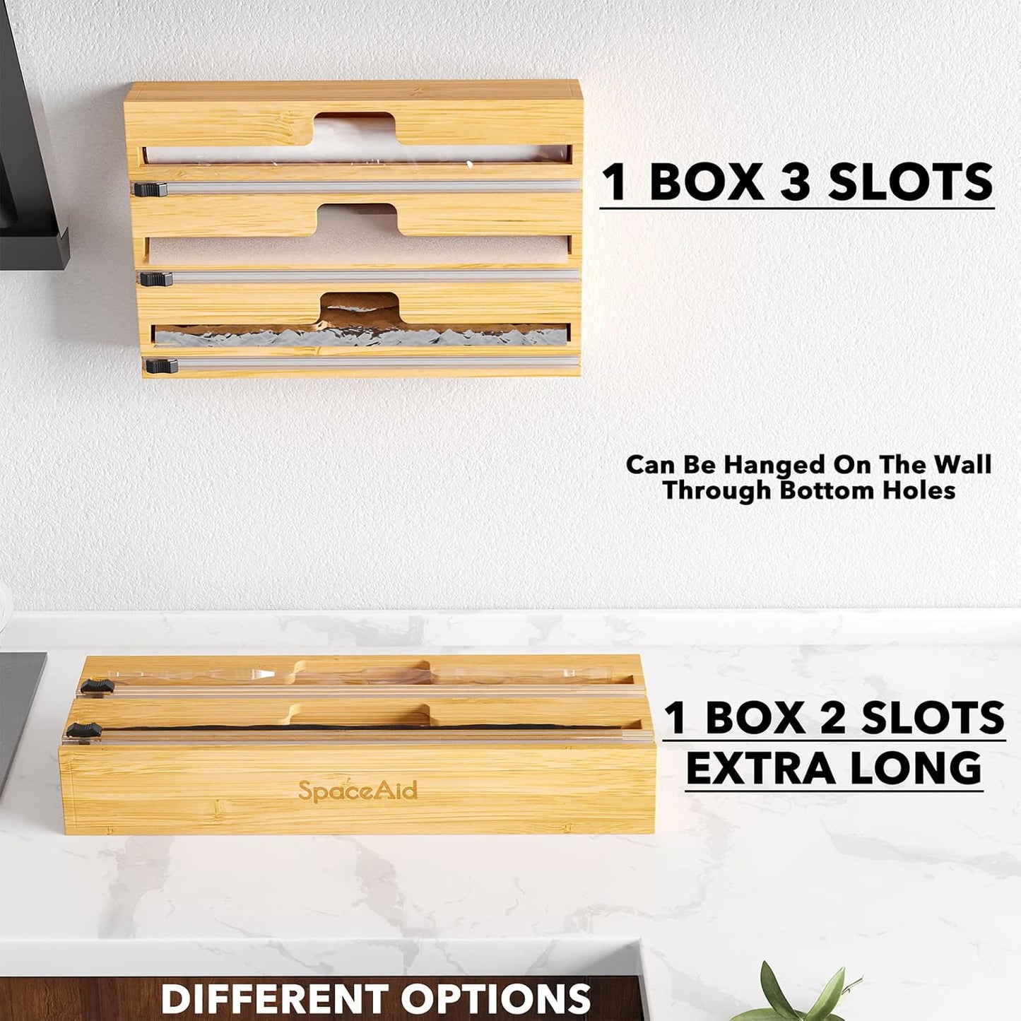 2 in 1 Long Wrap Dispenser (Need 3" Deep Drawer) with Cutter, Plastic Wrap, Aluminum Foil Dispenser for Kitchen Drawer, Bamboo Roll Organizer Holder, Compatible with 15" Roll