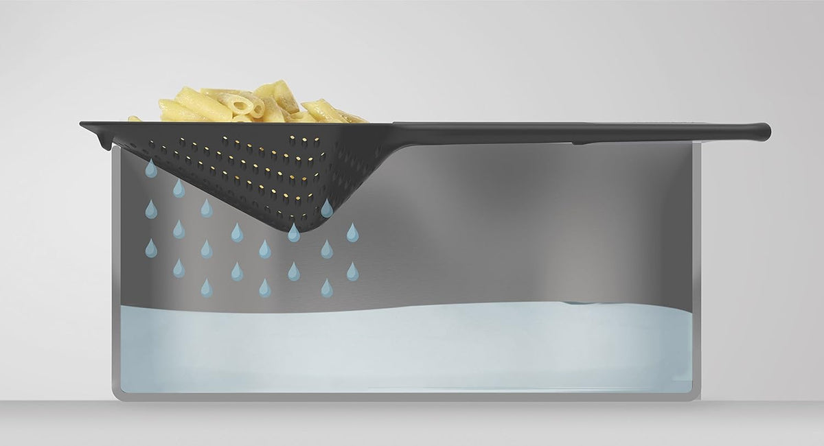 Scoop Plus Colander, Spoon Drainer/Strainer, Scoop, Drain and Serve, heat resistant up to 200°C (392°F), Dishwasher safe, Large, Black