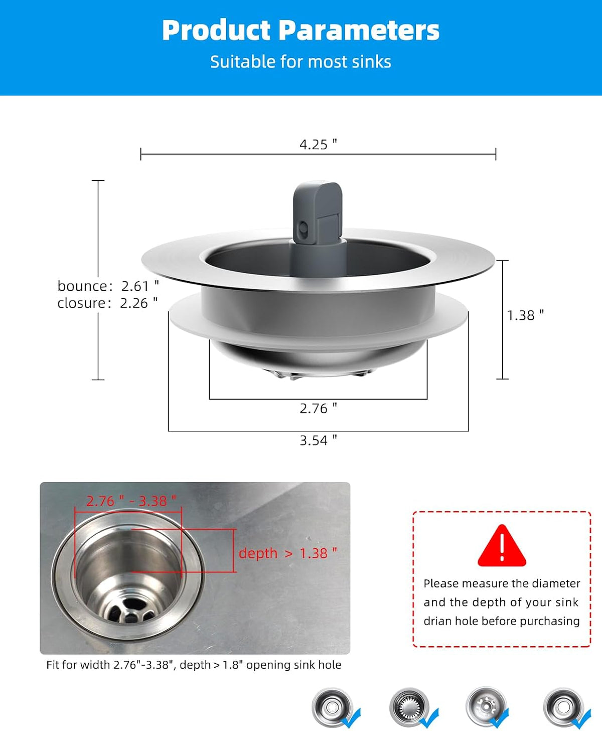 Upgraded 3 in 1 Kitchen Sink Drain Strainer and Stopper Combo, Stainless Steel Metal Pop Up Sink Stopper, Anti-Clogging Basket with Foldable Handle for US Standard 3-1/2 Inch Drain