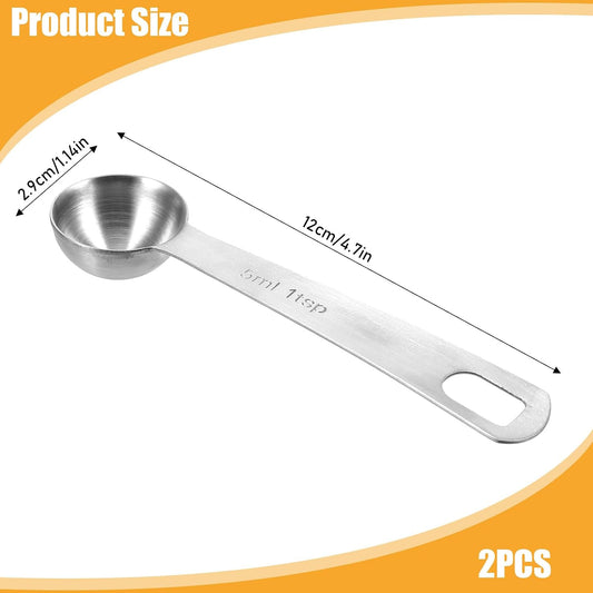 2Pcs 1 Teaspoon(1 Tsp | 1/3 Tbsp | 5 Ml | 5 Cc | 1/6 Oz) Measuring Spoons Stainless Steel Single Measuring Spoon Long Handle Scoop for Measuring Coffee Pet Food Grains Protein Spices Dry Goods -Silver