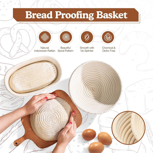 Sourdough Starter Kit,9''Round Proofing Basket,36oz Sourdough Starter Jar | Bread Lame, Dough Scraper, Dough Whisk & Silicone Bread Sling