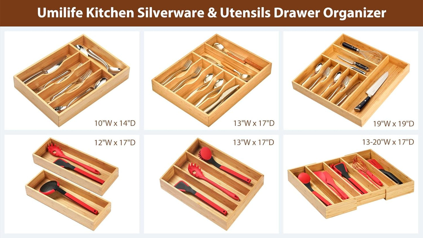 Bamboo Kitchen Drawer Organizer, 7 Inch Silverware Utensils Tray Holder for Small Drawer, Wood Caddy for Flatware Cutlery Knives
