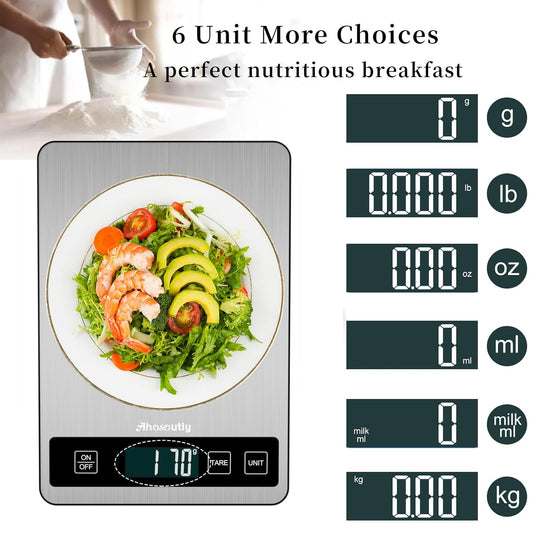 Food Scale, 22lb/10kg Digital Kitchen Scale Weight Grams and Ounces with 0.1oz/1g Precision, 6 Units and Tare Key Design, LCD Display & Stainless Steel Panel for Baking, Cooking, Postage