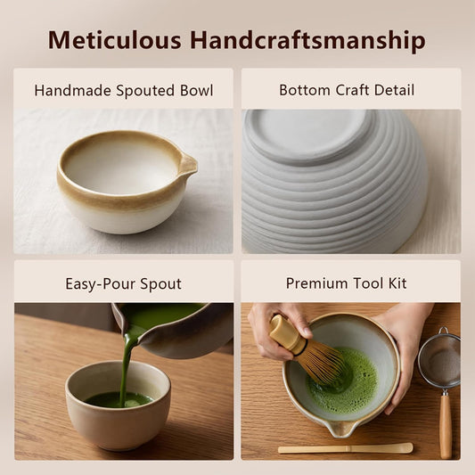 Matcha Whisk Set, 6-Piece Matcha Kit with Bamboo Whisk, Handmade Ceramic Matcha Bowl with Scoop, Holder & Sifter - Traditional Japanese Tea Ceremony Set, Matcha Gift Set for Beginners