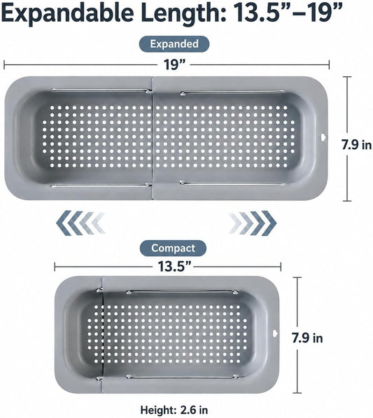 Expandable Over Sink Strainer, Adjustable Kitchen Colander, Gray | Wash produce • Drain pasta • Dry dishes & utensils • Maximize sink workspace