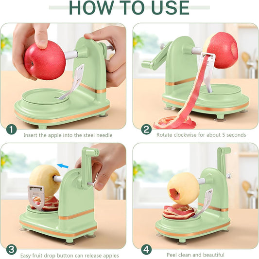Manual Hand Crank Apple Peeler, Corer and Slicer – Suction Non Slip Counter Grips - Stainless Steel Blades – Peels, Cores and Cuts in Seconds for Home Kitchen Quick Applesauce Pie Making (Light green)
