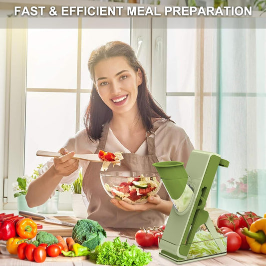 Safe Mandoline Slicer for Kitchen, Vegetable Slicer with Container, French Fry Cutter, All in 1 Julienne Slicer for Potato, Thickness Adjustable, Detachable Blade (Green)