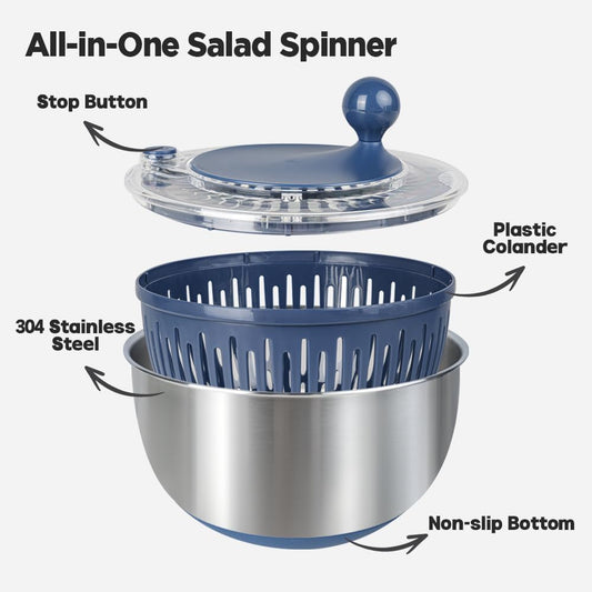 Stainless Steel Salad Spinner, 5.3 Qt Lettuce Spinner with Non-Slip Base, Drain and Stop Button, Fruit and Vegetable Washer and Dryer Spinner, Blue