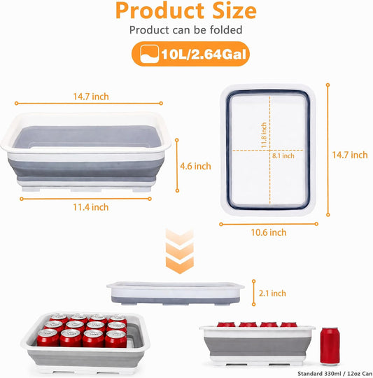 Collapsible Dish Pans – 10L (2.6 Gal) Foldable Sink Tub, 14.7x10.6x4.6 in(L×W×H), Compact and Space-Saving Multiuse Foldable Basin for Dish Washing, Camping, RV and Vegetable Cleaning(Gray)
