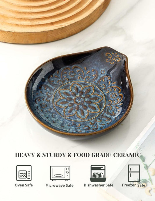 Spoon Rest for Stove Top, Ceramic Cooking Spoon Holder for Kitchen Counter, Farmhouse Cooking Utensil Holder for Spoons, Ladles, Spatula, Glazed Blue