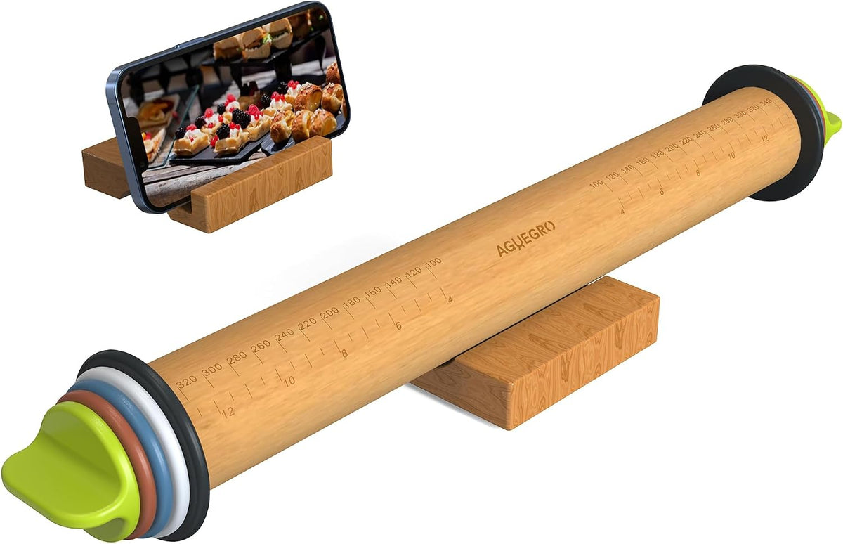 Rolling Pin with 4 Thickness Rings,Wooden Dough Roller For Baking