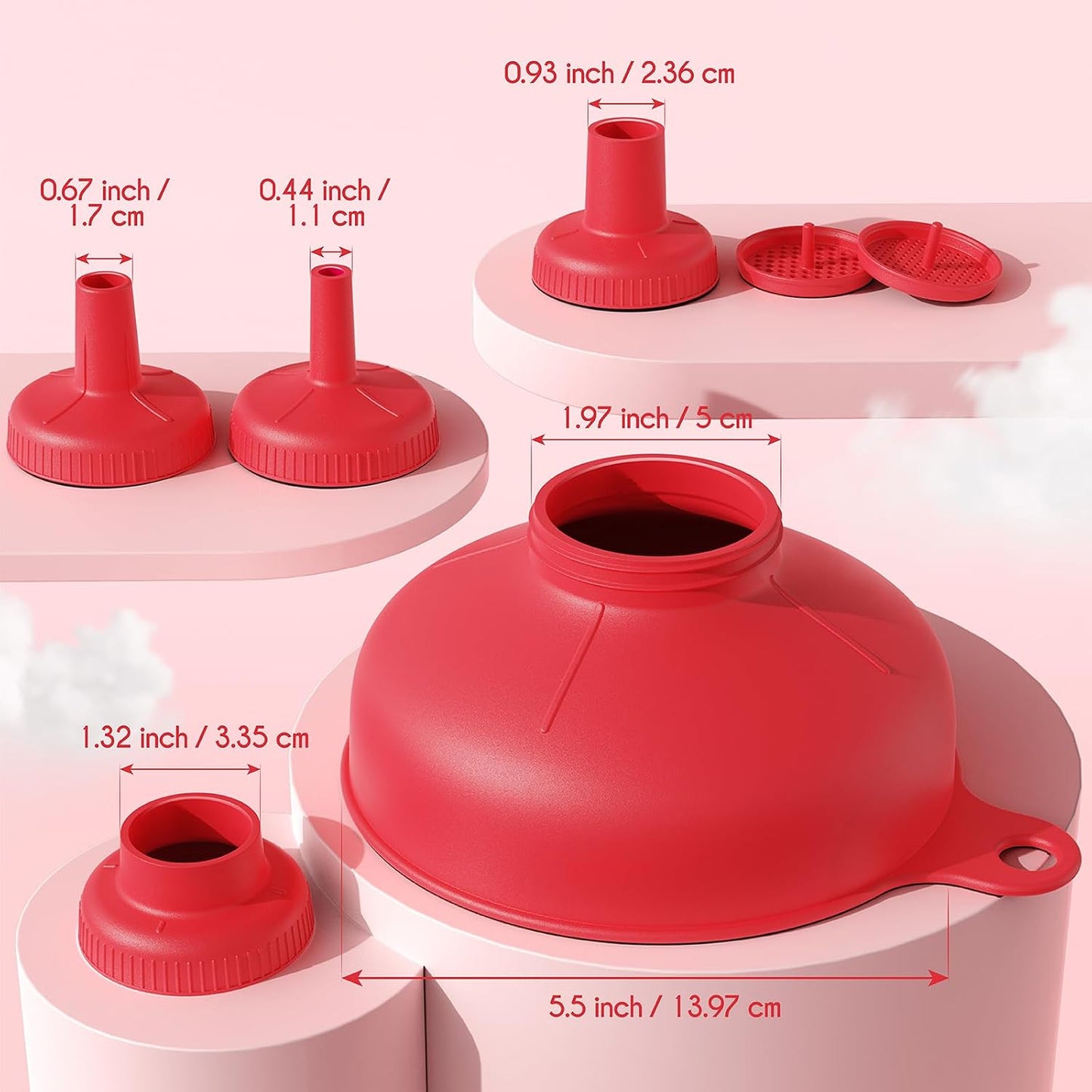 Wide Mouth Versatile Funnel, Canning Funnels for Kitchen Use, Food Grade Plastic Cooking Funnel Set with 4 Size Spouts and 2 Strainers for Filling Different Bottles and Bags, Grey