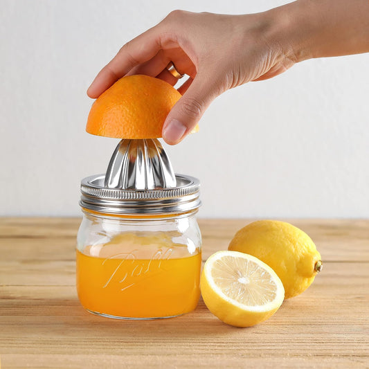 Lemon Lime Orange Manual Juicers Stainless Steel Hand Squeezer with Glass Mason Jars, set of 2 (16 OZ)