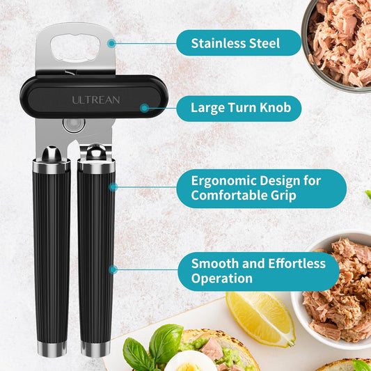 Manual Can Opener Bottle Opener, Heavy Duty Stainless Steel Smooth Edge Manual Hand Held Can Opener With Soft Touch Handle, Rust Proof Oversized Handheld Easy Turn Knob (Black)