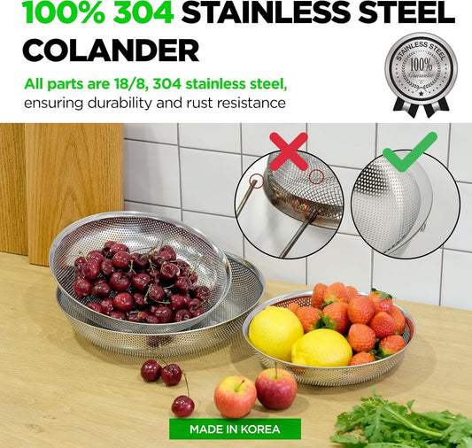Shallow Stainless Steel Colander Set of 3 – Micro-Perforated Tray Strainers for Berries Vegetables Fruit, 18/8 304 Low Profile (2, 3, 4 Qt) Self-Draining Base, Dishwasher Safe, Made in Korea