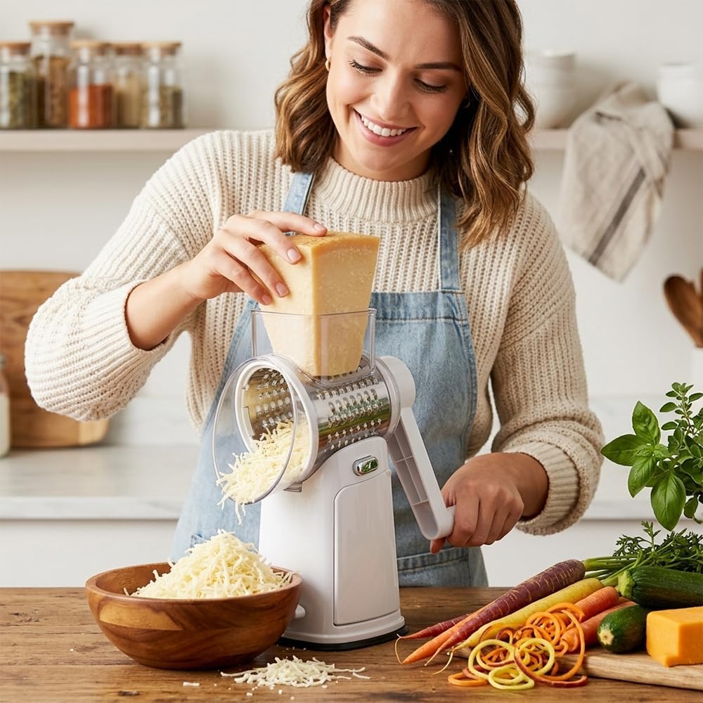 Rotary Cheese Grater with Hand Crank - Cheese Shredder with 5 Interchangeable Stainless Steel Blades, Suction Base & Ergonomic Handle | Vegetable Slicer, Food Grater for Cheese, Nuts & Chocolate