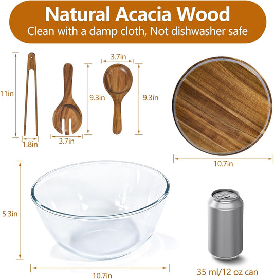 Glass Salad Bowl Set, 4.8QT with Acacia Wood Lid & Utensils | Large heavy-duty glass bowl,lid doubles as charcuterie board,airtight seal,dishwasher safe,perfect for parties & daily use