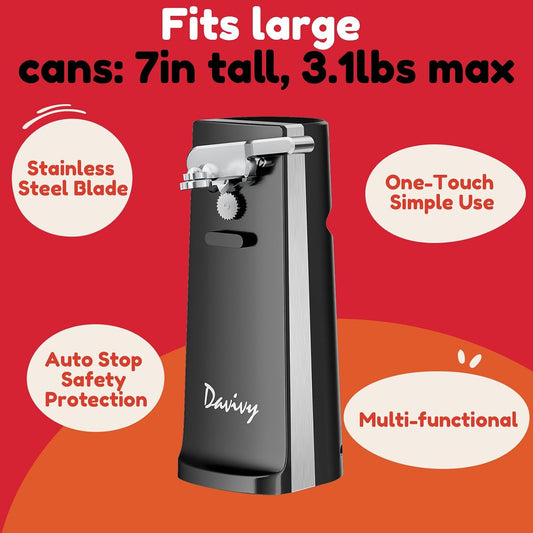 Electric Can Opener - One-Touch Hands-Free Operation,Removable Stainless Steel Cutter, 3-in-1 Design with Knife Sharpener&Bottle Opener(Black)